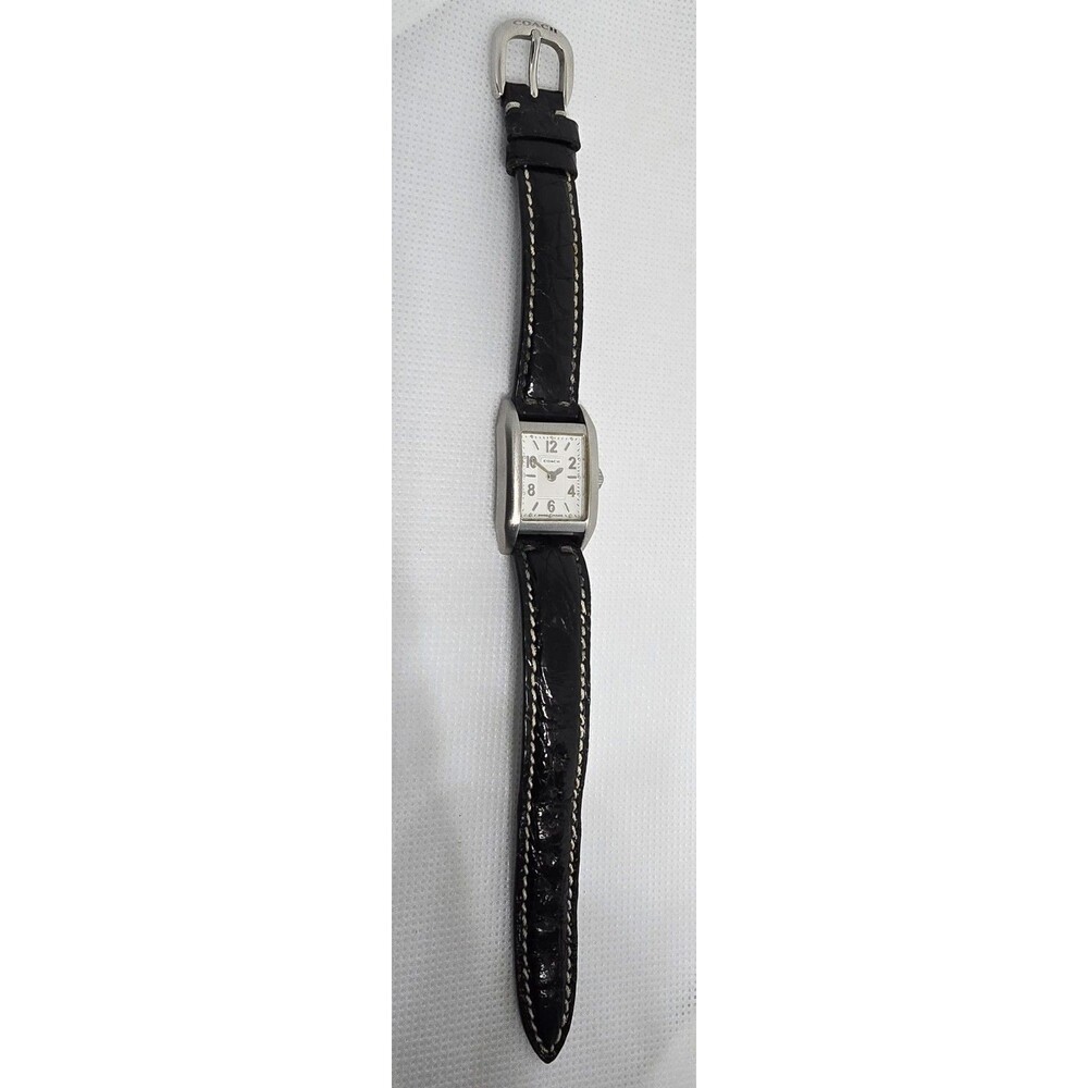 Women's Coach Swiss Made Petite Tank Silver Tone Black Leather Strap Watch 12 - Picture 6 of 9